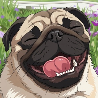hosa97 のアイコン。花畑で目を細めて笑っているパグのイラスト